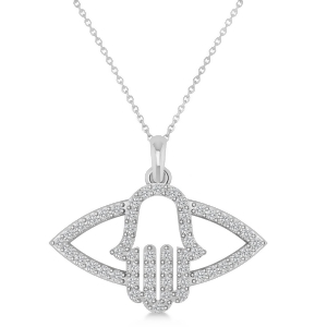 Evil Eye Hamsa Diamond Pendant Necklace 14k White Gold 0.52ct - All