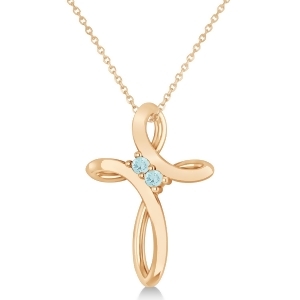 Aquamarine Two Stone Religious Cross Pendant Necklace 14k Rose Gold 0.10ct - All