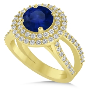Double Halo Blue Sapphire Engagement Ring 14k Yellow Gold 2.27ct - All
