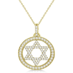 Star of David Diamond Circle Pendant Necklace 14k Yellow Gold 0.90ct - All