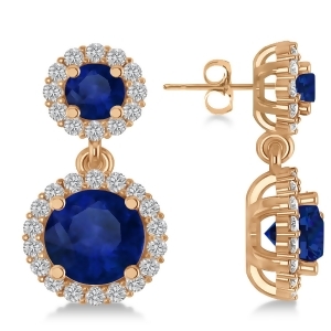 Two Stone Dangling Blue Sapphire and Diamond Earrings 14k Rose Gold 3.00ct - All