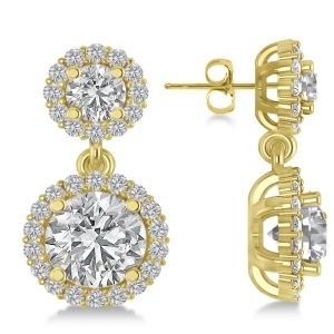 Two Stone Dangling Halo Diamond Earrings 14k Yellow Gold 3.00ct - All
