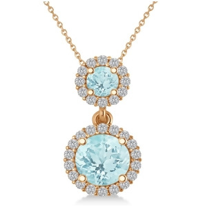 Two Stone Aquamarine and Halo Diamond Necklace 14k Rose Gold 1.50ct - All