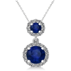Two Stone Blue Sapphire and Halo Diamond Necklace 14k White Gold 1.50ct - All