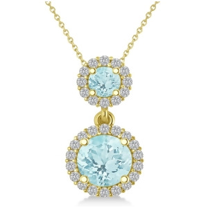 Two Stone Aquamarine and Halo Diamond Necklace 14k Yellow Gold 1.50ct - All