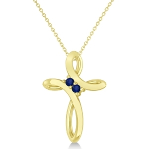 Blue Sapphire Two Stone Swirl Cross Pendant Necklace 14k Yellow Gold 0.10ct - All