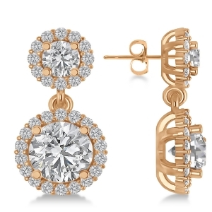 Two Stone Dangling Halo Diamond Earrings 14k Rose Gold 3.00ct - All