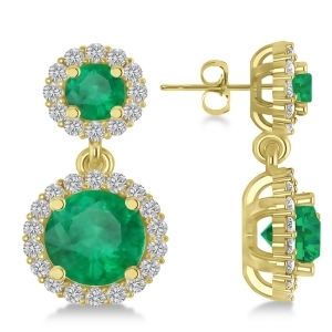 Two Stone Dangling Emerald and Diamond Earrings 14k Yellow Gold 3.00ct - All