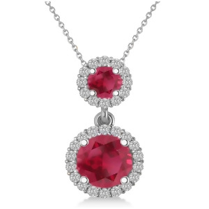 Two Stone Ruby and Halo Diamond Necklace 14k White Gold 1.50ct - All
