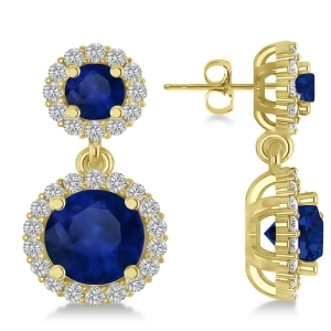 Two Stone Dangling Blue Sapphire and Diamond Earrings 14k Yellow Gold 3.00ct - All