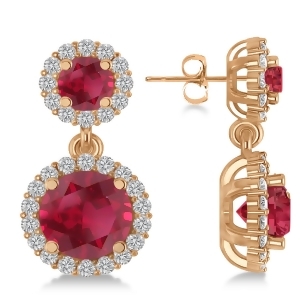 Two Stone Dangling Ruby and Diamond Earrings 14k Rose Gold 3.00ct - All