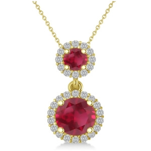 Two Stone Ruby and Halo Diamond Necklace 14k Yellow Gold 1.50ct - All