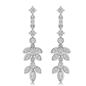 Diamond Floral Vine Leaf Dangling Earrings 14k White Gold 1.06ct - All