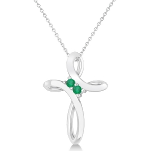 Emerald Two Stone Swirl Cross Pendant Necklace 14k White Gold 0.10ct - All