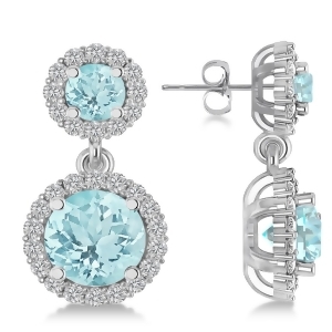 Two Stone Dangling Aquamarine and Diamond Earrinsg 14k White Gold 3.00ct - All