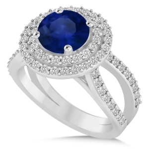 Double Halo Blue Sapphire Engagement Ring 14k White Gold 2.27ct - All