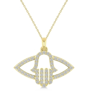 Evil Eye Hamsa Diamond Pendant Necklace 14k Yellow Gold 0.52ct - All