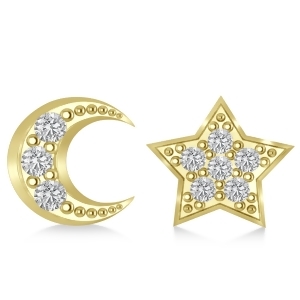 Moon and Star Diamond Mismatched Earrings 14k Yellow Gold 0.14ct - All