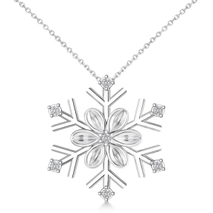 Diamond Snowflake and Flower Pendant Necklace 14k White Gold 0.07ct - All