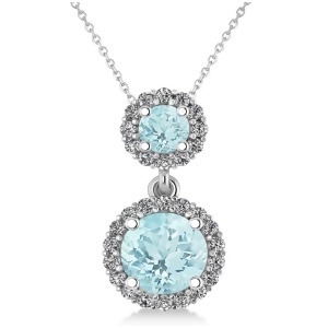 Two Stone Aquamarine and Halo Diamond Necklace 14k White Gold 1.50ct - All