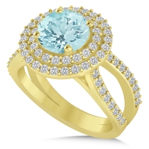 Double Halo Aquamarine Engagement Ring 14k Yellow Gold 2.27ct - All