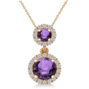 Two Stone Amethyst and Halo Diamond Necklace 14k Rose Gold 1.50ct - All
