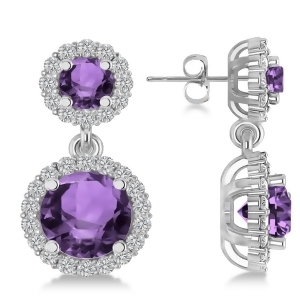 Two Stone Dangling Amethyst and Diamond Earrings 14k White Gold 3.00ct - All
