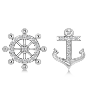 Anchor and Ship's Wheel Diamond Mismatched Earrings 14k White Gold 0.21ct - All