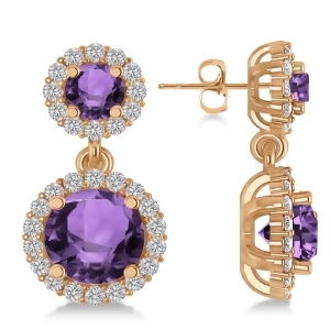 Two Stone Dangling Amethyst and Diamond Earrings 14k Rose Gold 3.00ct - All