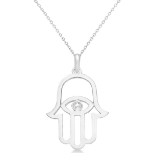 Hamsa Evil Eye Diamond Pendant Necklace 14k White Gold 0.02ct - All