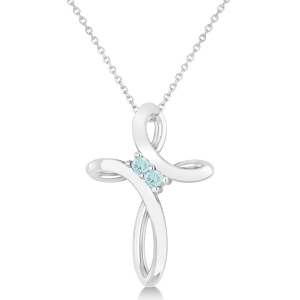 Aquamarine Two Stone Swirl Cross Pendant Necklace 14k White Gold 0.10ct - All