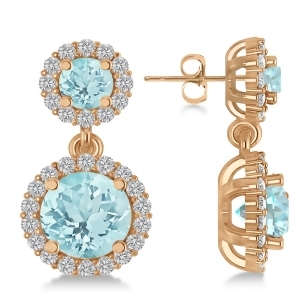 Two Stone Dangling Aquamarine and Diamond Earrings 14k Rose Gold 3.00ct - All