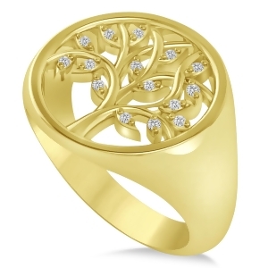 Family Tree of Life Diamond Signet Ring 14k Yellow Gold 0.08ct - All