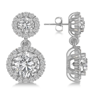 Two Stone Dangling Halo Diamond Earrings 14k White Gold 3.00ct - All