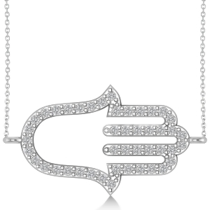 Sideways Hamsa Diamond Pendant Necklace 14k White Gold 0.23ct - All