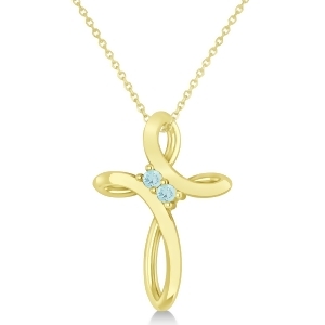Aquamarine Two Stone Religious Cross Pendant Necklace 14k Yellow Gold 0.10ct - All