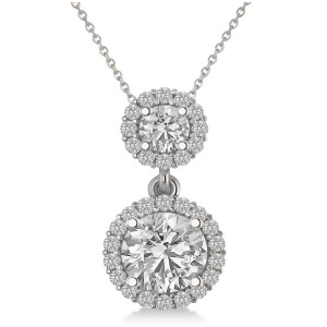 Two Stone Halo Diamond Pendant Necklace 14k White Gold 1.50ct - All