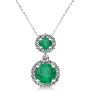 Two Stone Emerald and Halo Diamond Necklace 14k White Gold 1.50ct - All