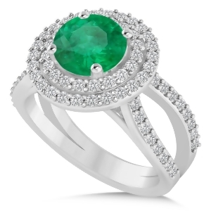 Double Halo Emerald Engagement Ring 14k White Gold 2.27ct - All
