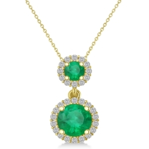 Two Stone Emerald and Halo Diamond Necklace 14k Yellow Gold 1.50ct - All