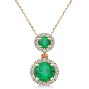 Two Stone Emerald and Halo Diamond Necklace 14k Rose Gold 1.50ct - All
