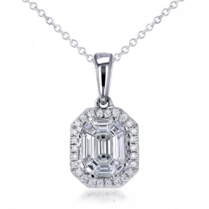 Emerald-cut Halo Diamond Pendant Necklace 14k White Gold 0.50ct - All