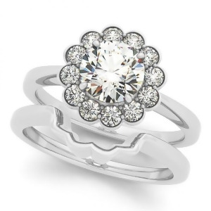 Diamond Floral Halo Engagement Ring Bridal Set Platinum 1.33ct - All
