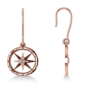Diamond Nautical Dangle Compass Earrings 14k Rose Gold 0.16ct - All