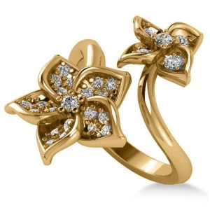 Diamond Double Flower Bypass Ladies Ring 14k Yellow Gold 0.48ct - All