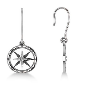 Diamond Nautical Dangle Compass Earrings 14k White Gold 0.16ct - All