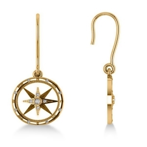 Diamond Nautical Dangle Compass Earrings 14k Yellow Gold 0.16ct - All