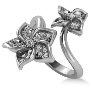 Diamond Double Flower Bypass Ladies Ring 14k White Gold 0.48ct - All