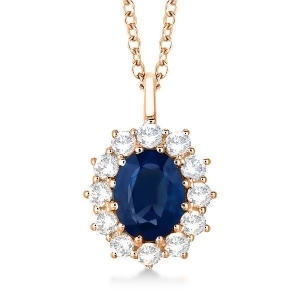 Oval Blue Sapphire and Diamond Pendant Necklace 14k Rose Gold 3.60ctw - All