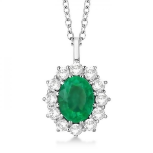 Oval Emerald and Diamond Pendant Necklace 18k White Gold 3.60ctw - All